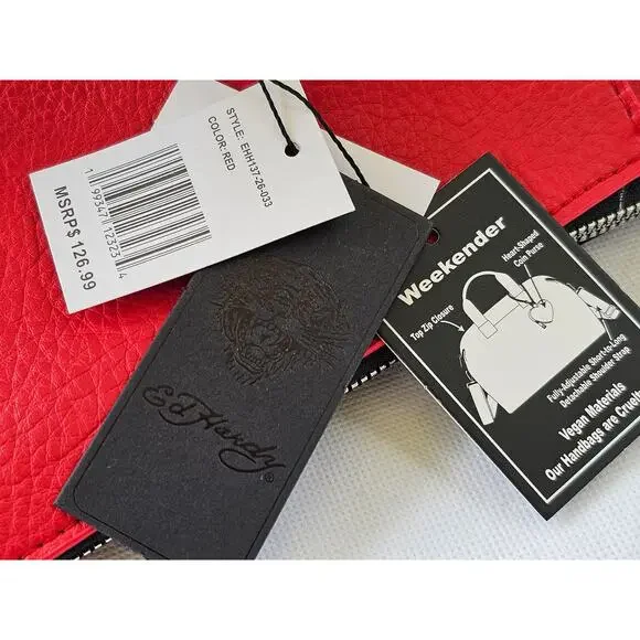 Ed Hardy Love Kills Slowly Large Weekender Duffle Travel Bag Red Faux Leather - Picture 7 of 12